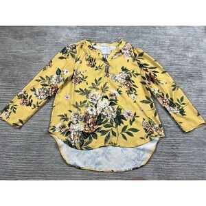 Song n Spirit Top Womens Large Yellow Boho Floral Long Sleeve Polyester Casual